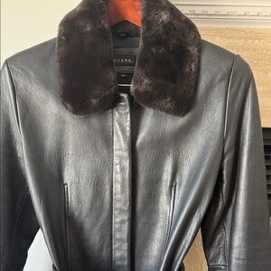 Guess Black Leather Jacket with Plush Collar perfect for cold winter